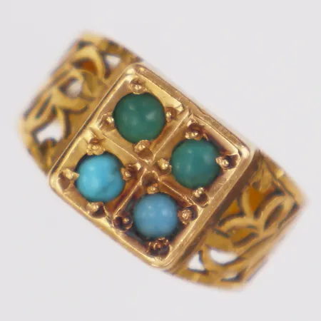 Ring med turkosfärgade stenar stl:16 bredd 4,6-9,8mm, 22K  Vikt: 3,9 g