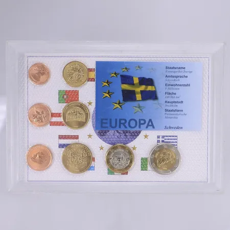8 Mynt i valören Euro som gavs ut på prov 2003 i kassett med slitage denna kassett för Sverige