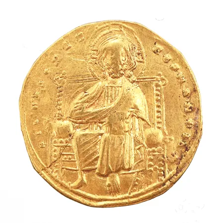 Mynt, föreställande Romanus III, bysantinsk kejsare 1028-1034, Avbildar den tronande Kristus och på andra sidan Kejsaren krönt av jungfru Maria, ca Ø22mm, kraftigt slitage, 24K Vikt: 3,2 g