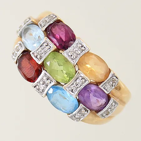 Ring med 8/8-slipade diamanter 20 x ca 0,005ct samt ametist citrin topas granat peridot rhodolit GHA stl:18¾ bredd 2,41-11,7mm 18K Vikt: 5,7 g