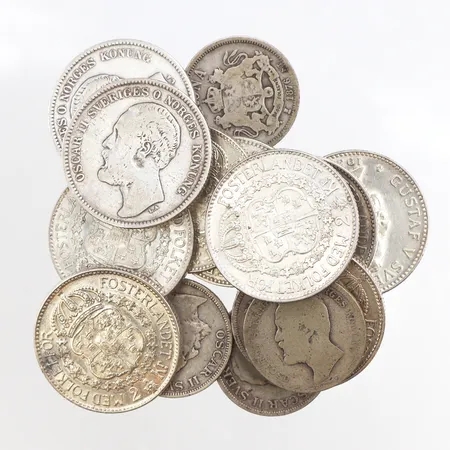 Cirkulationsmynt, 7st 1-kronor, 10st 2-kornor, 800/1000 silver, Vikt: 200 g