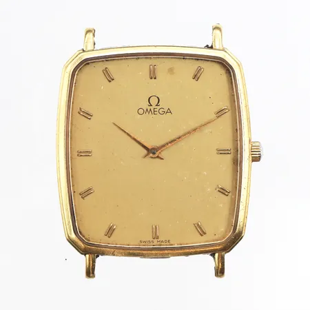 Herrur Omega Quartz 18K, 30,8x28,1mm, boettnr: 191742 F Z, Cal 1377, verknr: 45282429, batteribyte krävs, saknar band, inga tillbehör, bruttovikt: 22,3g.