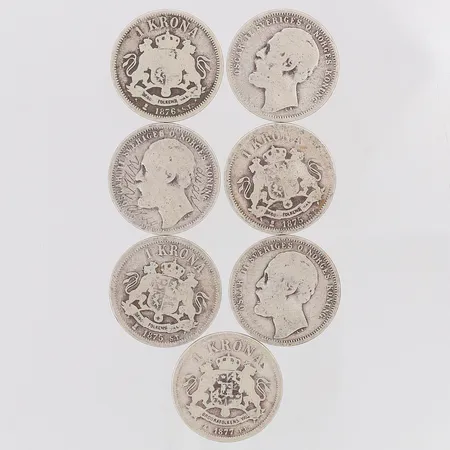 7 Mynt Oscar II 1kr år 1875-77, 800/1000 silver  Vikt: 49,3 g