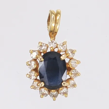 Hänge med diamanter 14 x ca 0,02ct och blå sten 10 x 20mm ögla något skev 14K Bruttovikt: 1,9g Vikt: 1,9 g