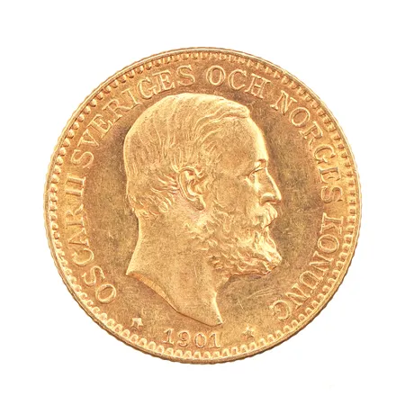 Mynt 10 kronor, präglat år 1901, 900/1000 (21,6K) Vikt: 4,5 g