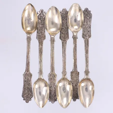 6 Kaffeskedar längd 10cm troligen Iran ostämplat silver (sannolikt) 875/1000 Vikt: 45,5 g