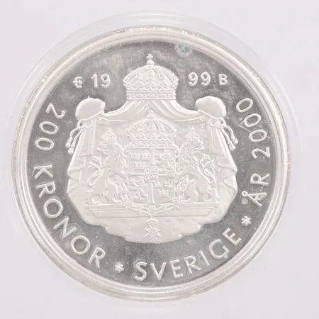 Jubileumsmynt, 200kr, Kung Carl XVI Gustaf, Kronprinsessan Victoria, år 2000, etui , 925/1000 silver Vikt: 27,1 g