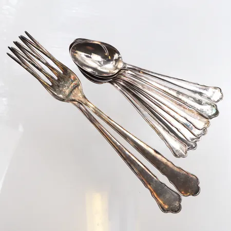 7 Kaffeskedar 12cm, 2 Bordsafflar, 17,7cm, modell: Chippendale, GAB, 830/1000 silver Vikt: 148,9 g
