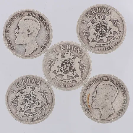 5 Mynt Oscar II 1kr år 1881-88, 800/1000 silver  Vikt: 36 g