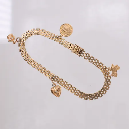 Armband Korridor med berlocker, längd 20cm bredd 5,3mm, en bindögla 14K, glapp låsåtta. 18K Vikt: 12,5 g