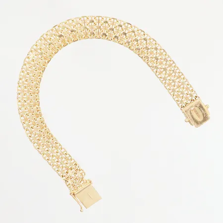 Armband X-länk, 18,5cm, bredd: 10mm, låsåtta saknas, trasig länkbit nära lås, trögt lås, 18K Vikt: 17,3 g
