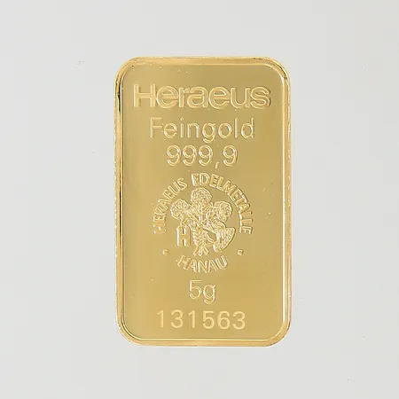 Guldtacka Heraeus Hanau 23x14mm serie-nr: 131563 feingold 999,9 24K Vikt: 5 g
