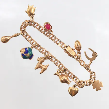 Armband Bismarck med tio berlocker, 18cm, bredd: 5mm, något trögt lås, 18K Vikt: 14,8 g