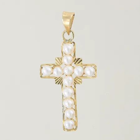 Hänge kors med odlade pärlor 36x17mm 14K Vikt: 1,9 g