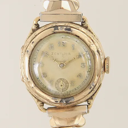 Damur Zentima 14K manuell, Ø22mm, boett:nr: 1637, sliten krona, flexarmband i stål/doublé, gravyr, går ej, inga tillbehör