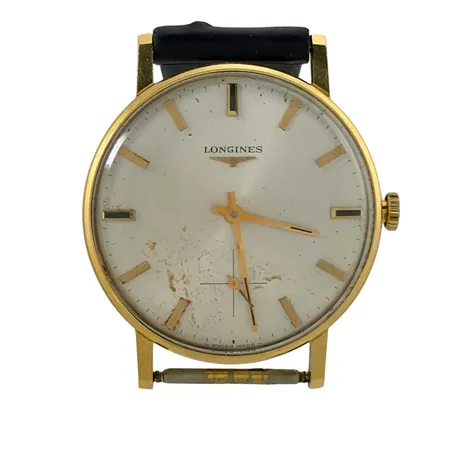 Herrur Longines, 18K guld, Ø34 mm, manuell - defekt, gravyr, böjd sekundvisare, fläckig urtavla,  Vikt: 0 g