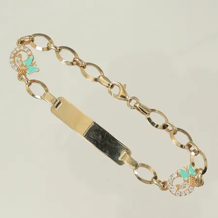 Armband med bricka och vita stenar samt grön emalj, längd 15cm bredd 6mm 14K  Vikt: 4,1 g