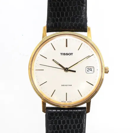 Herrur Tissot Seastar 18K, 33,5mm, quartz, batteribyte krävs, gravyr, läderband, box