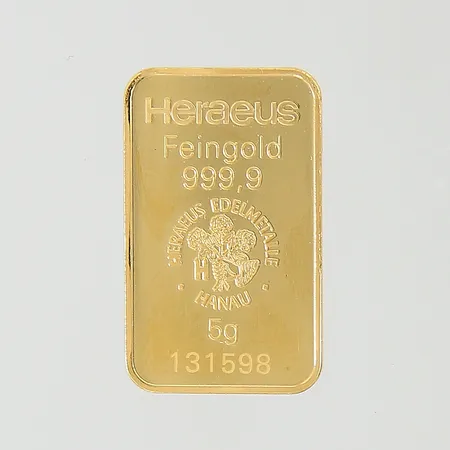 Guldtacka Heraeus Hanau 23x14mm serie-nr: 131598 feingold 999,9 24K Vikt: 5 g