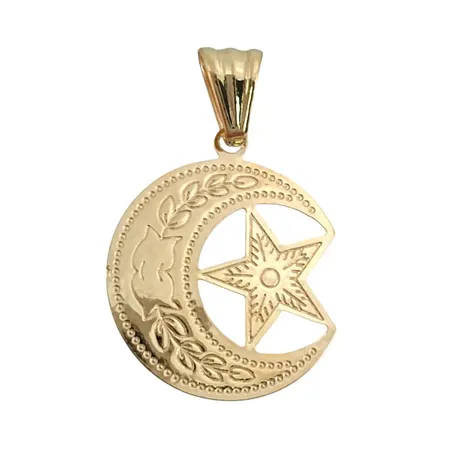 Hänge Måne och Stjärna i 14K guld, mönstrad dekor, ostämplad, längd inkl. ögla 30 mm, bredd 19 mm Vikt: 1 g
