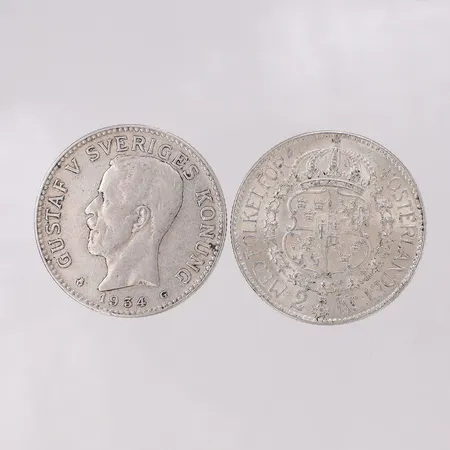 2 Mynt, 2kr 1934 och 1938, silver 800/1000 Vikt: 30 g