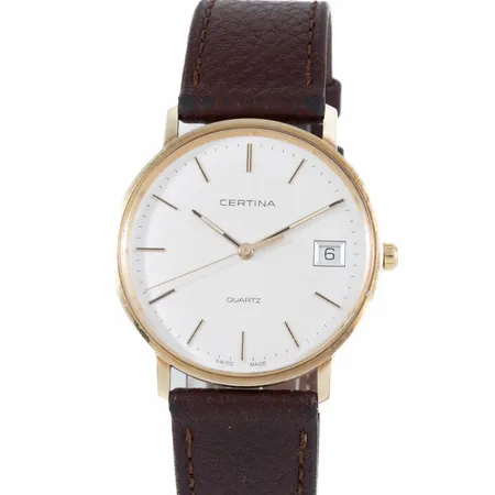 Herrur Certina 14K med läderband. Boett Ø 33,5 mm med personlig gravyr. Quartz. Plastglas. 