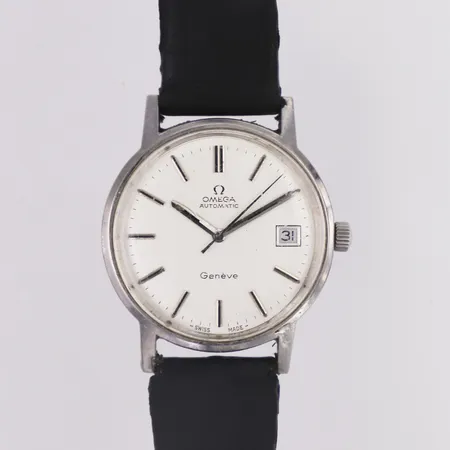 Herrur Omega Geneve automatisk Ø35mm, stål, datum, svart läderband, repigt glas 