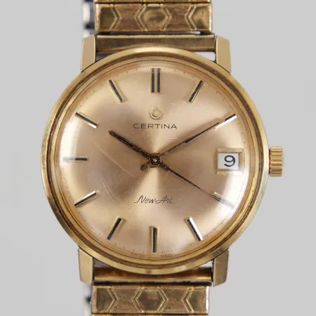 Herrur Certina New Art Ø33mm, doublé, manuell, 5321 108/5239551, monocoque, flexband i doublé, längd ca 18cm, repigt glas, inga tillbehör.