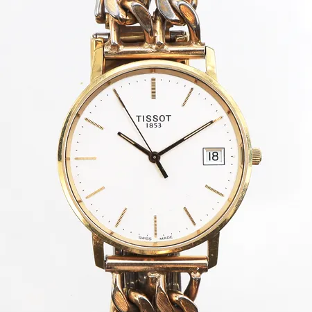 Herrur Tissot 18K, 33,5mm, quartz, ograverad, batteribyte krävs, stållänk ej original, inga tillbehör