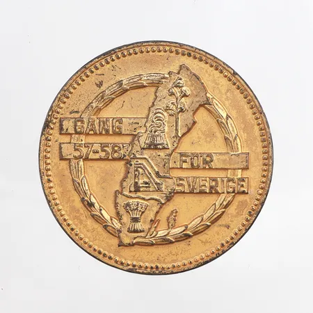 Medalj Gång för Sverige 58-59, Ø45mm, förgyllt silver med slitage, 830/1000 silver Vikt: 39,5 g