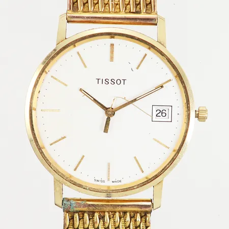 Herrur Tissot Ø34mm Quartz, Doublé-armband, defekt, saknar glas, böjd visare, gravyr, boett 14K