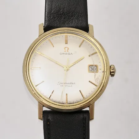 Herrur Omega Seamaster De ville, guldplätterad, manuell, datum, Ø34mm, läderband, repor på glas, box.