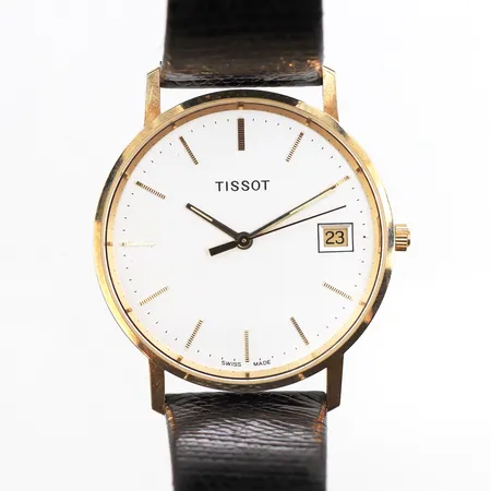 Herrur Tissot 18K33,5mm, quartz, gravyr, batteribyute krävs, läderband, box