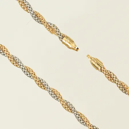 Halskedja rödguld/vitguld flätad, längd 42 cm bredd 3 mm, saknar lås, 18K 9,4g Vikt: 9,4 g