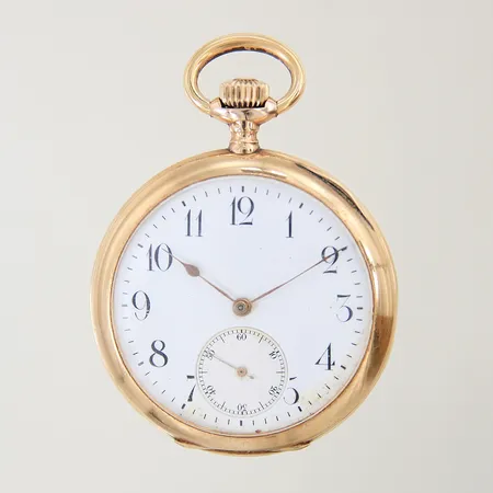 Fickur 14K manuell, 53mm, boett-nr: 398655, innerboett i metall, plexiglas, bucklig, går ej. Bruttovikt: 106,4g