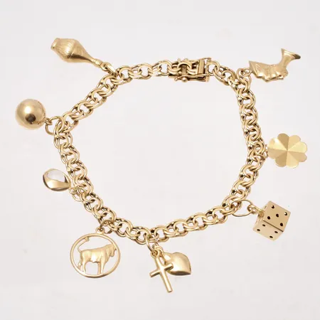 Armband 19cm Bismarck bredd 5,7mm, 8st berlocker, 18K, 18,96g.