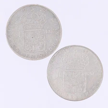 2 enkronor Sverige 1954 och 1962 Ø25mm slitage silver 400/1000 Vikt: 14,1 g