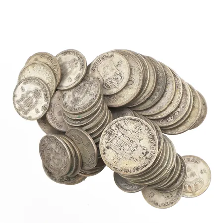 Cirkulationsmynt, 22st 50-öre, 42st 25-öre, 600/1000 silver Vikt: 203,8 g