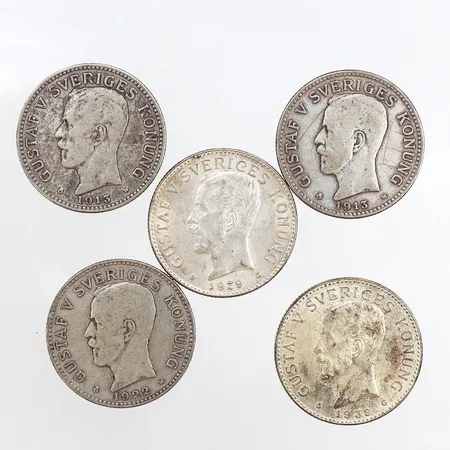 Cirkulationsmynt, 5st 2-kronor, präglade mellan åren 1913-1939, 800/1000 silver Vikt: 74,7 g