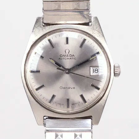 Herrur, Omega Genève Ø35mm, automatic, verknr: 34063335, boettnummer: 166041cal:565, 24 stenar, datum, stål, inga tillbehör fint skick, små repor på glaset