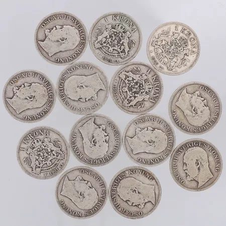 13 Mynt Oscar II 1kr år 1901-06, 800/1000 silver  Vikt: 94,9 g