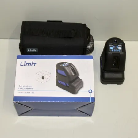Korspunktlaser Limit 1002 HVP, självinvellerande med horisontell/vertikal linje och 5 punkter, tygväska väggfäste, måltavla, ststivadapter, manuell samt originalkartong medförjer. Skickas med postpaket.