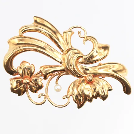 Brosch med liten pärla, 45x30mm, 18K Vikt: 4,4 g