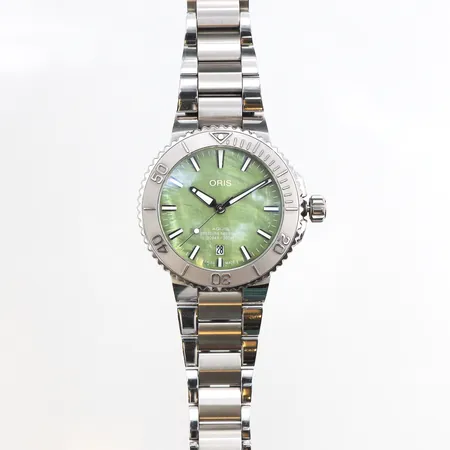 Herrur Oris Aquis New York Harbour Limited edition, 41mm, stål, automatisk, ref: 733 7766 4187, snr: 0142/2000, stållänk, viklås, extra länkbitar, extra grönt gummiband, grön urtavla, manual, garantikort, box, ytterkartong