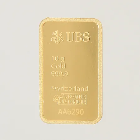 Guldtacka UBS Switzerland serie-nr:AA6290, bruten plombering 999,9/1000 24K Vikt: 10 g