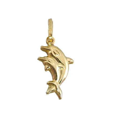 Hänge Delfiner i 14K guld, längd inkl. ögla 24 mm, bredd 11 mm, tjocklek 3 mm, fint skick Vikt: 0,9 g