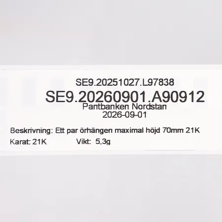 Ett par örhängen maximal höjd 70mm 21K Vikt: 5,3 g