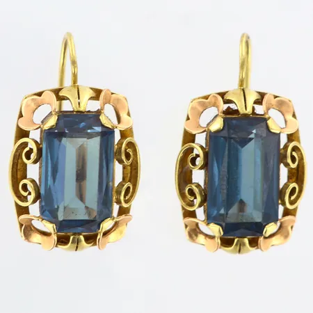 Örhängen med lila stenar, krokfästen, längd:ca 26mm, bredd: 17mm, bruttovikt: 8,9gram, 14K Vikt: 8,9 g
