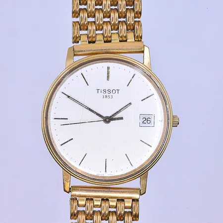 Herrur Tissot quartz datum Ø34 mm 18K, graverad boett stål länk.