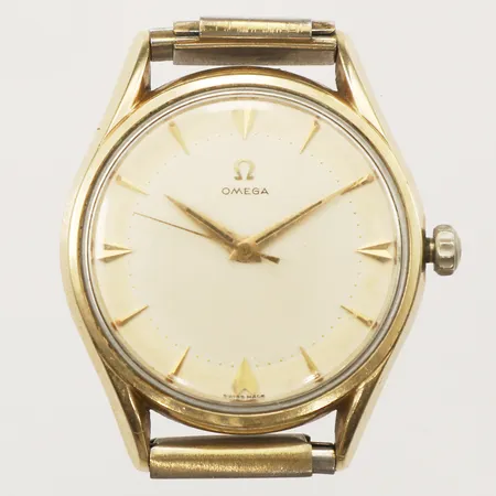 Herrur Omega Arrowhead Ø35mm manuell, guld på stål slitage på sekundvisare samt repigt glas, inga tillbehör